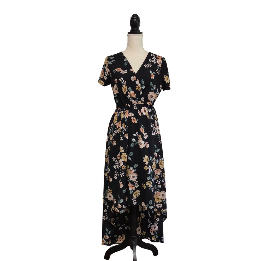 Black Floral High-Low Tie-Back Maxi Dress Size M Y2K Dark Romantic Cottagecore